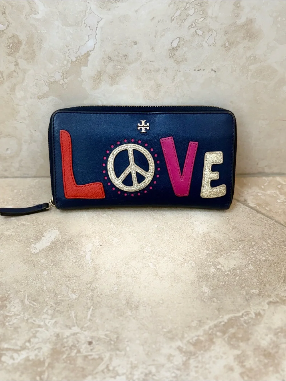 Tory Burch Retro Peace Love Leather Continental Long Zip Wallet Navy